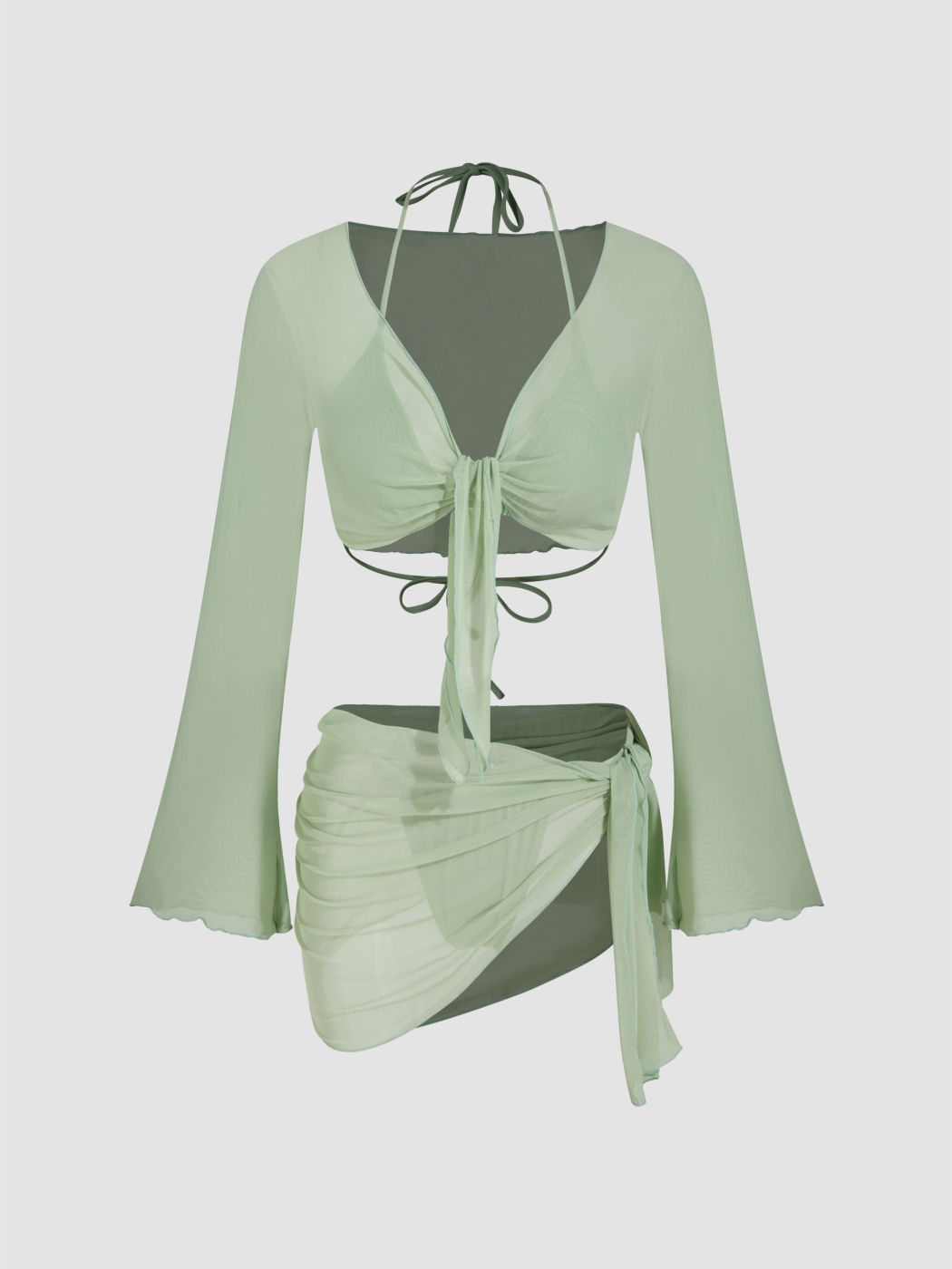 Halter Neckline Triangle Bikinis Bikini Set With Mesh Cover Up Set