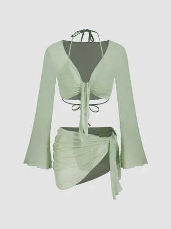 Halter Neckline Triangle Bikinis Bikini Set With Mesh Cover Up Set