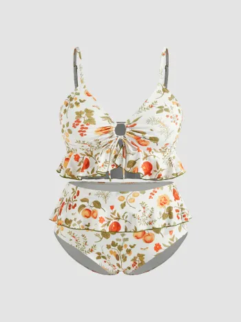 Formgebendes V-Hals-Strawberry-Grafik-Armband-Vollbedeckungs-Bikini Badekostüm Kurve & Plus