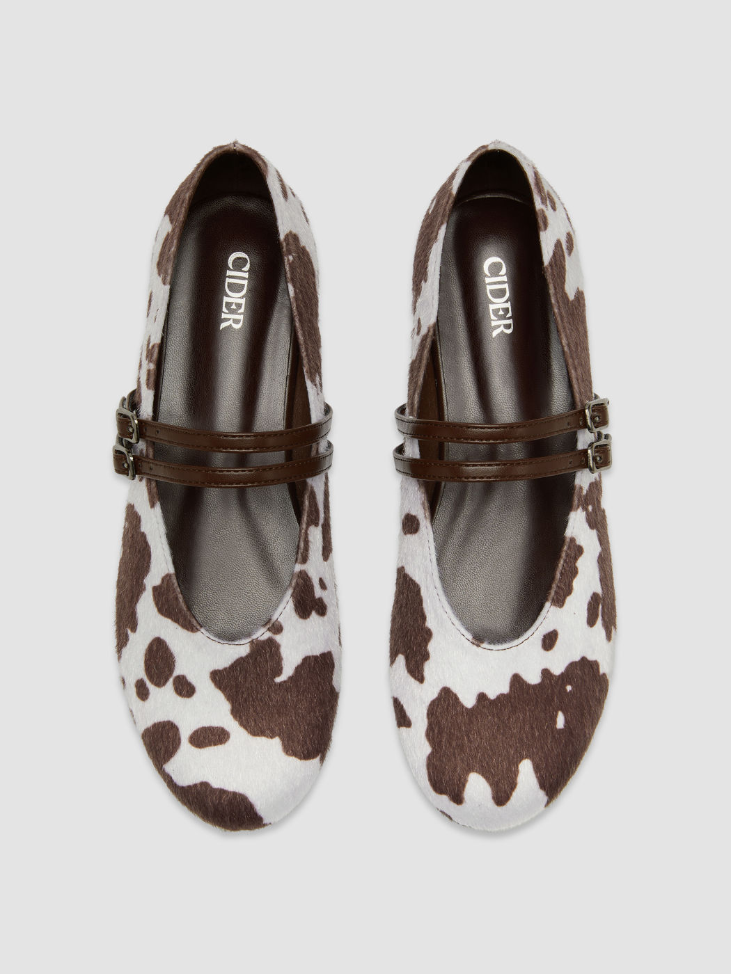 COW PRINT DOUBLE STRAP FAUX HORSE HAIR MARY JANE SHOES