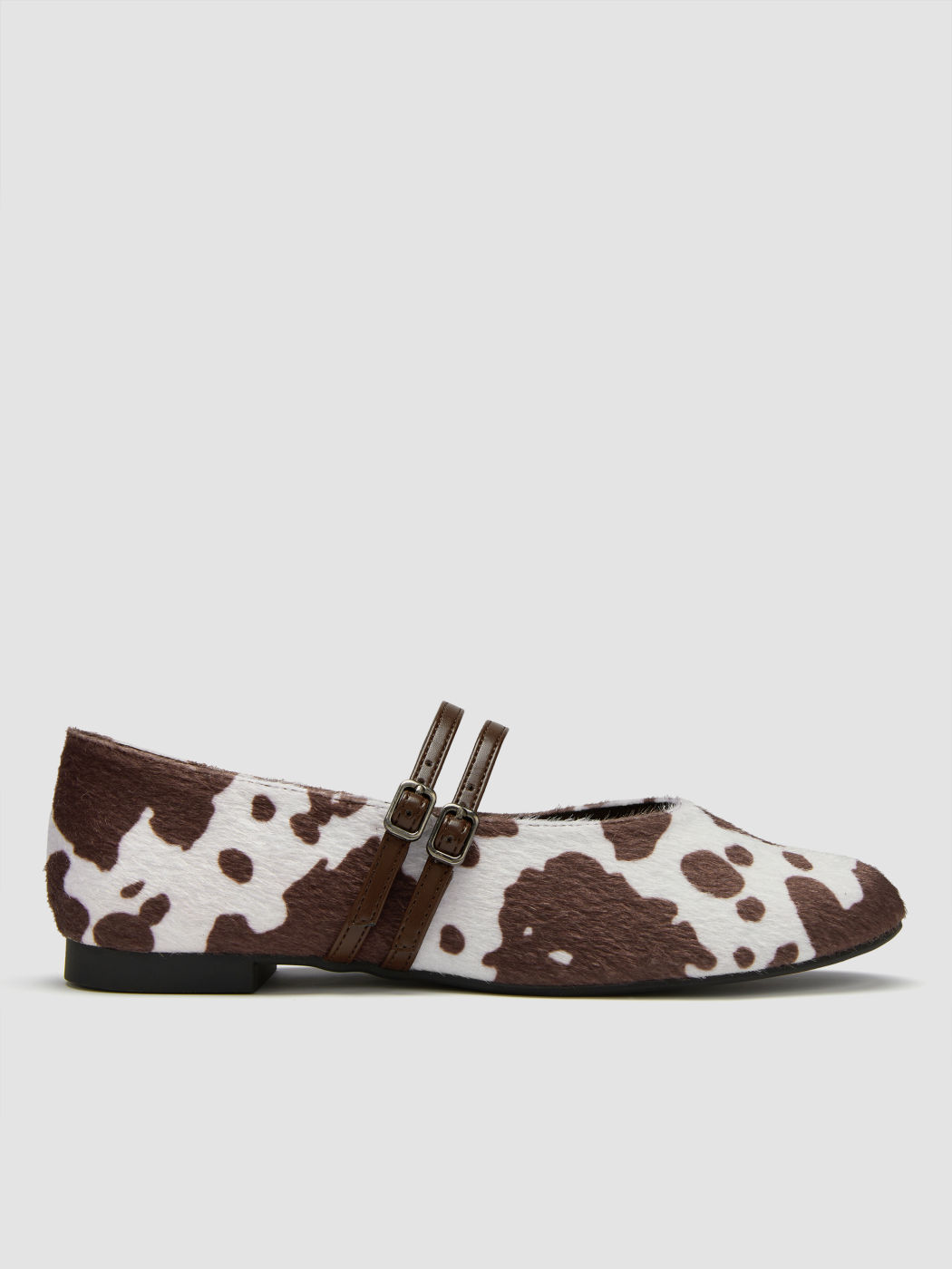 COW PRINT DOUBLE STRAP FAUX HORSE HAIR MARY JANE SHOES