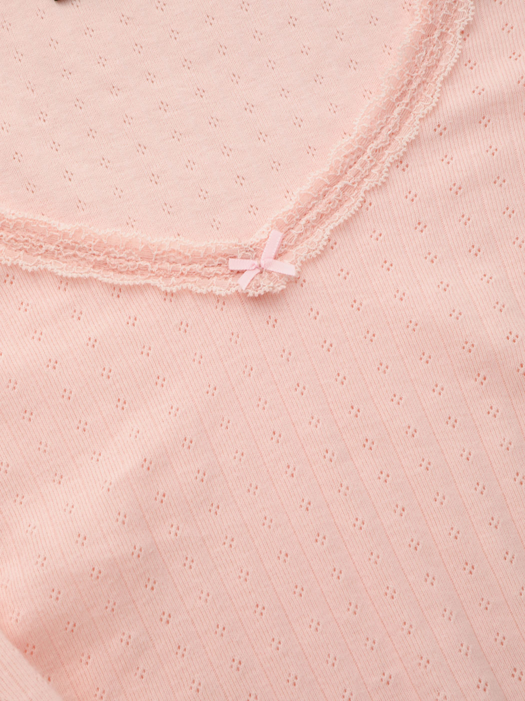 100% Cotton Pointelle V-neck Ruched Lace Trim Bowknot Long Sleeve Tee