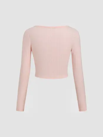 100% cotone Pointelle Scollo a V increspato con pizzo e nodo a fiocco Tee a manica lunga