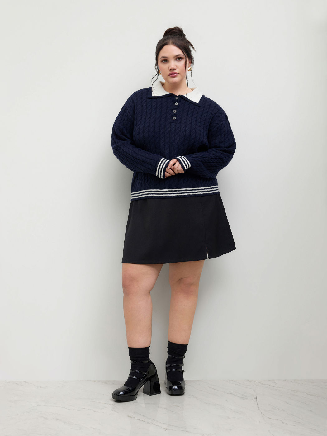 Cable Knit Collar Stripe Long Sleeve Sweater Curve & Plus