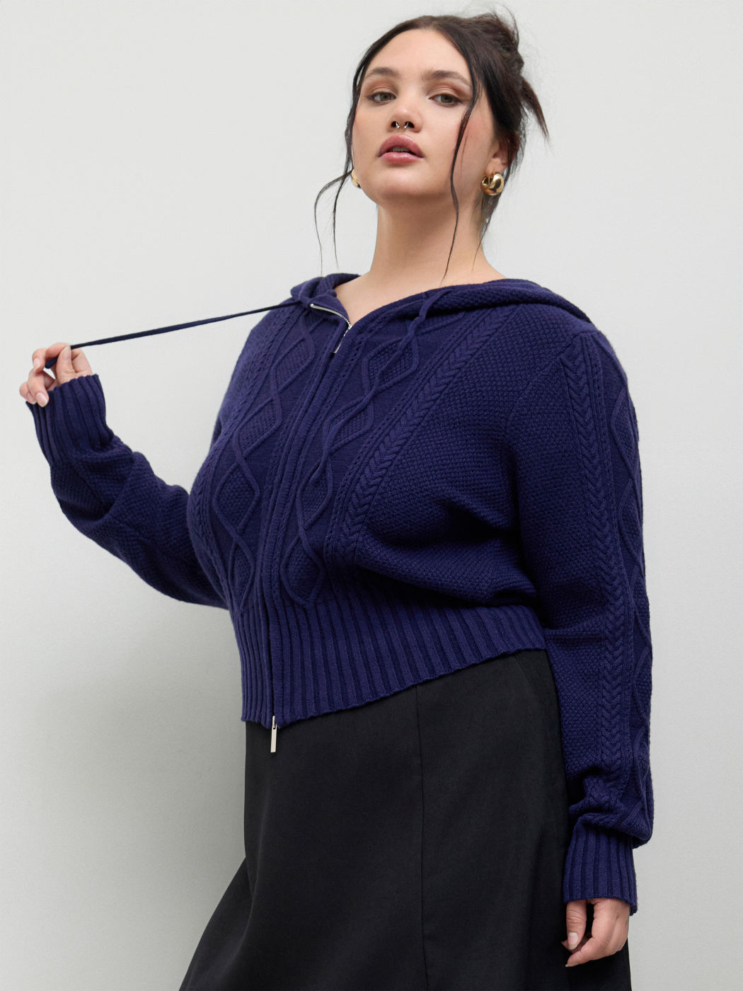 Cable Knit Zip Through Hoodie Cardigan Curve & Plus