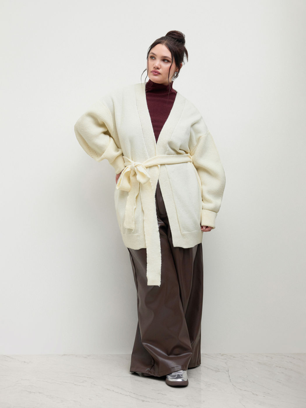 Knit V-Ausschnitt Oversized Strickjacke Mit Gürtel Kurve & Plus