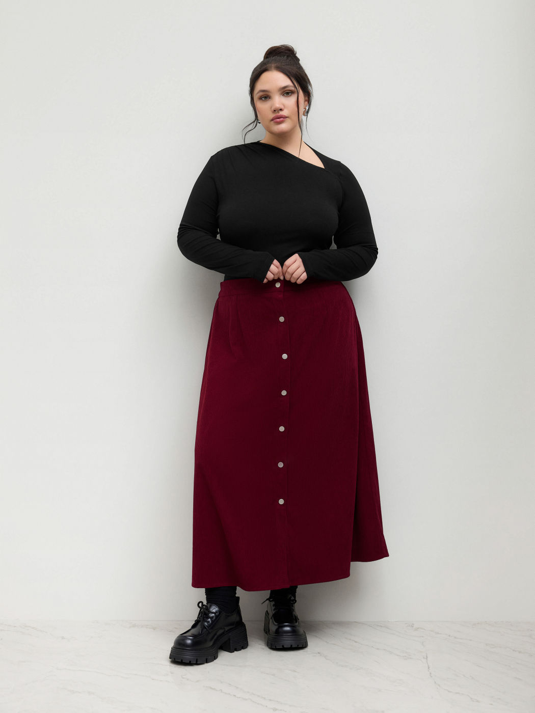 Corduroy Mid Rise Button Maxi Skirt Curve & Plus