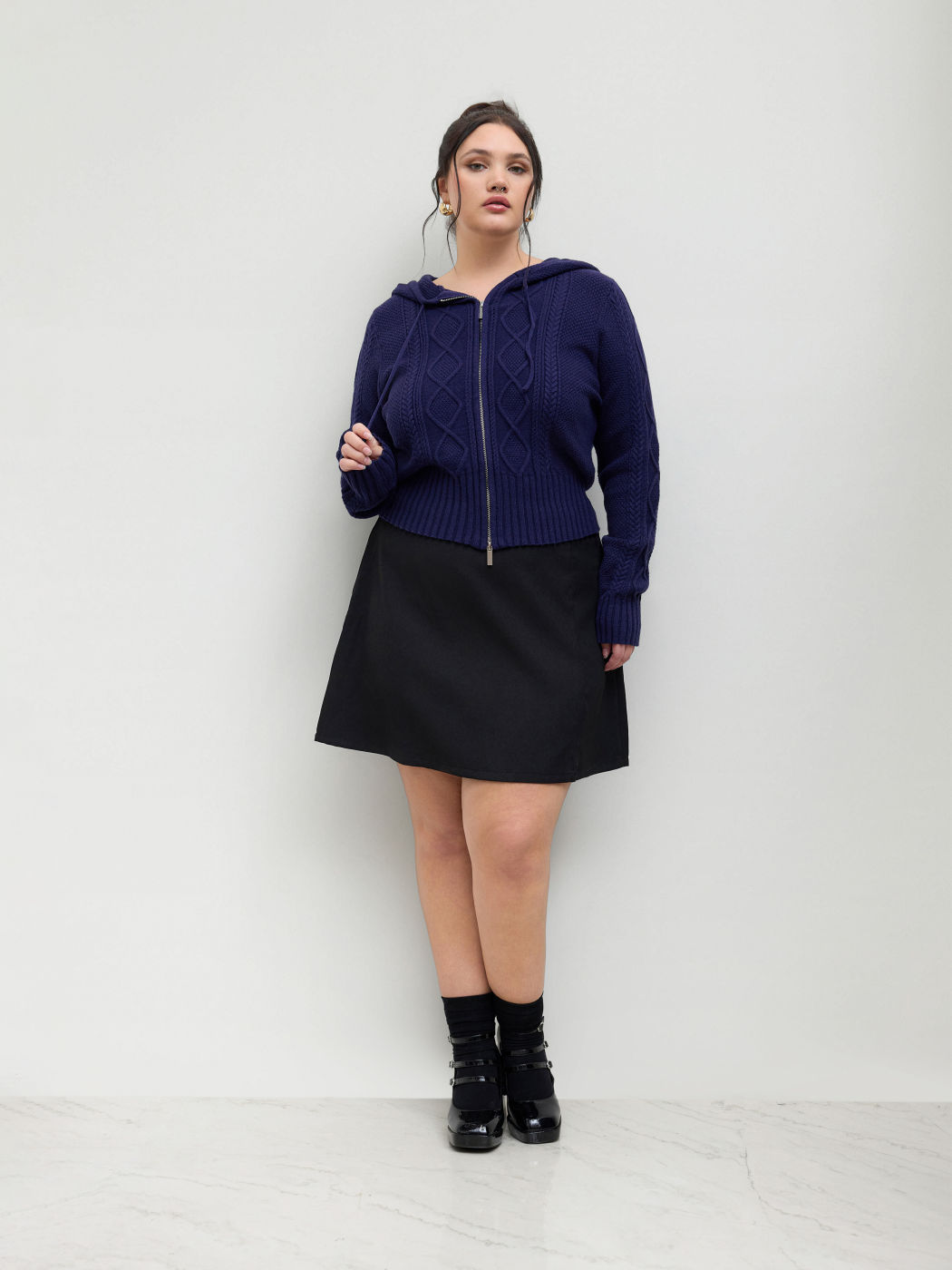 Cable Knit Zip Through Hoodie Cardigan Curve & Plus