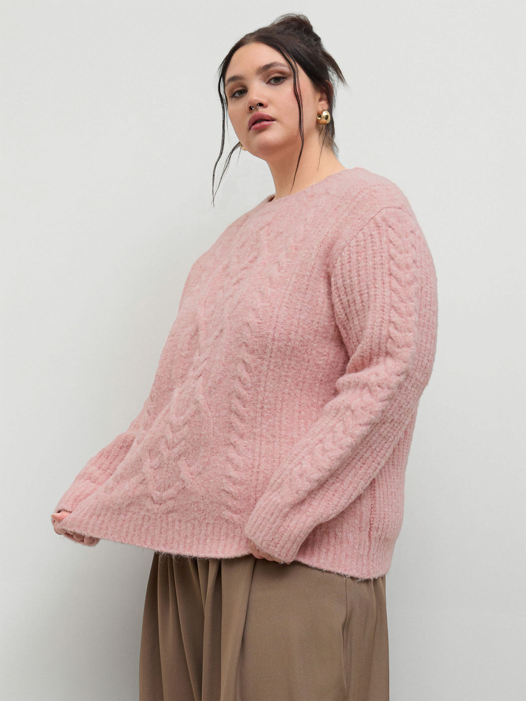 Maglione oversize con scollo rotondo in maglia a cavo Curve & Plus