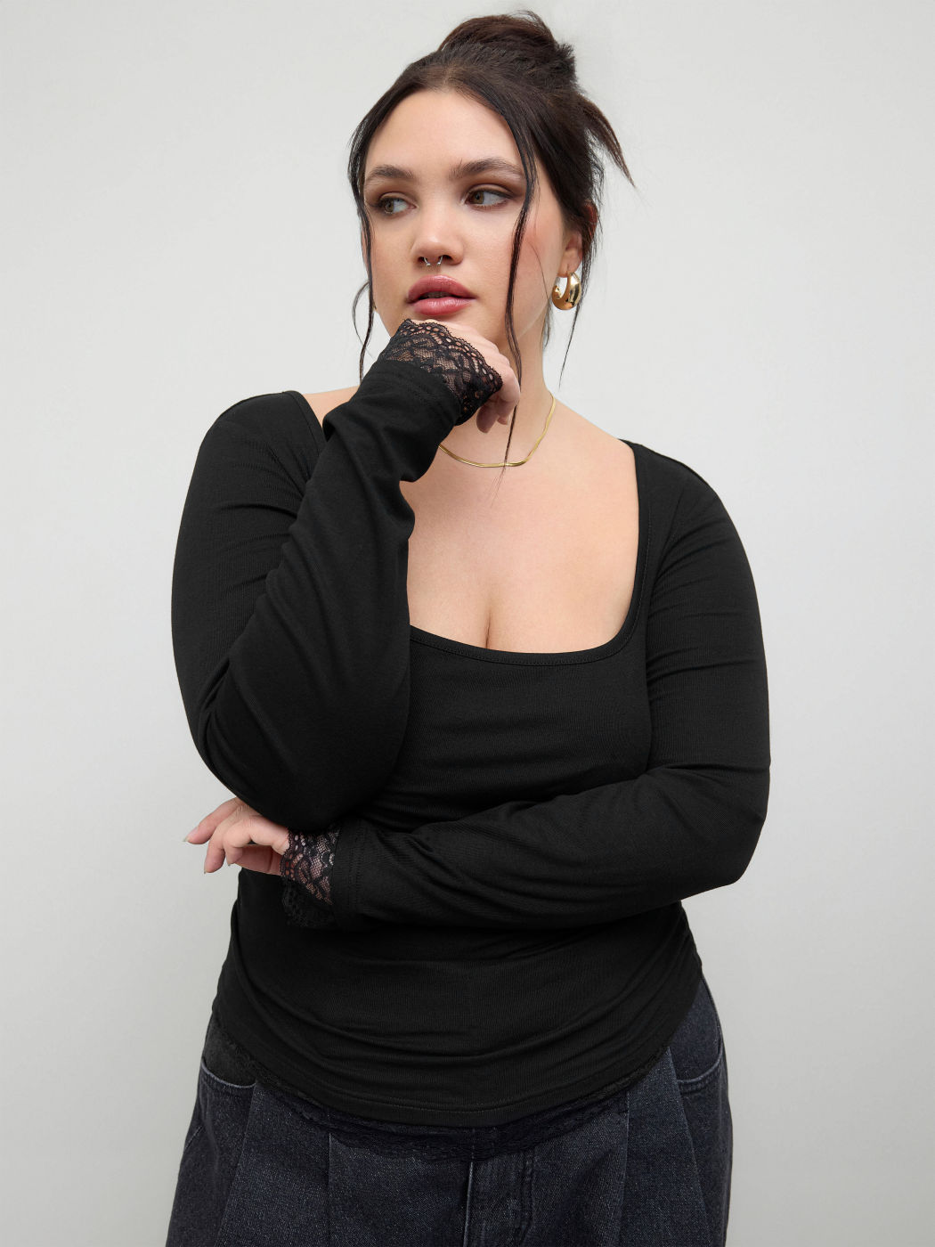 Square Neck Lace Trim Ruched Long Sleeve Tee Curve & Plus
