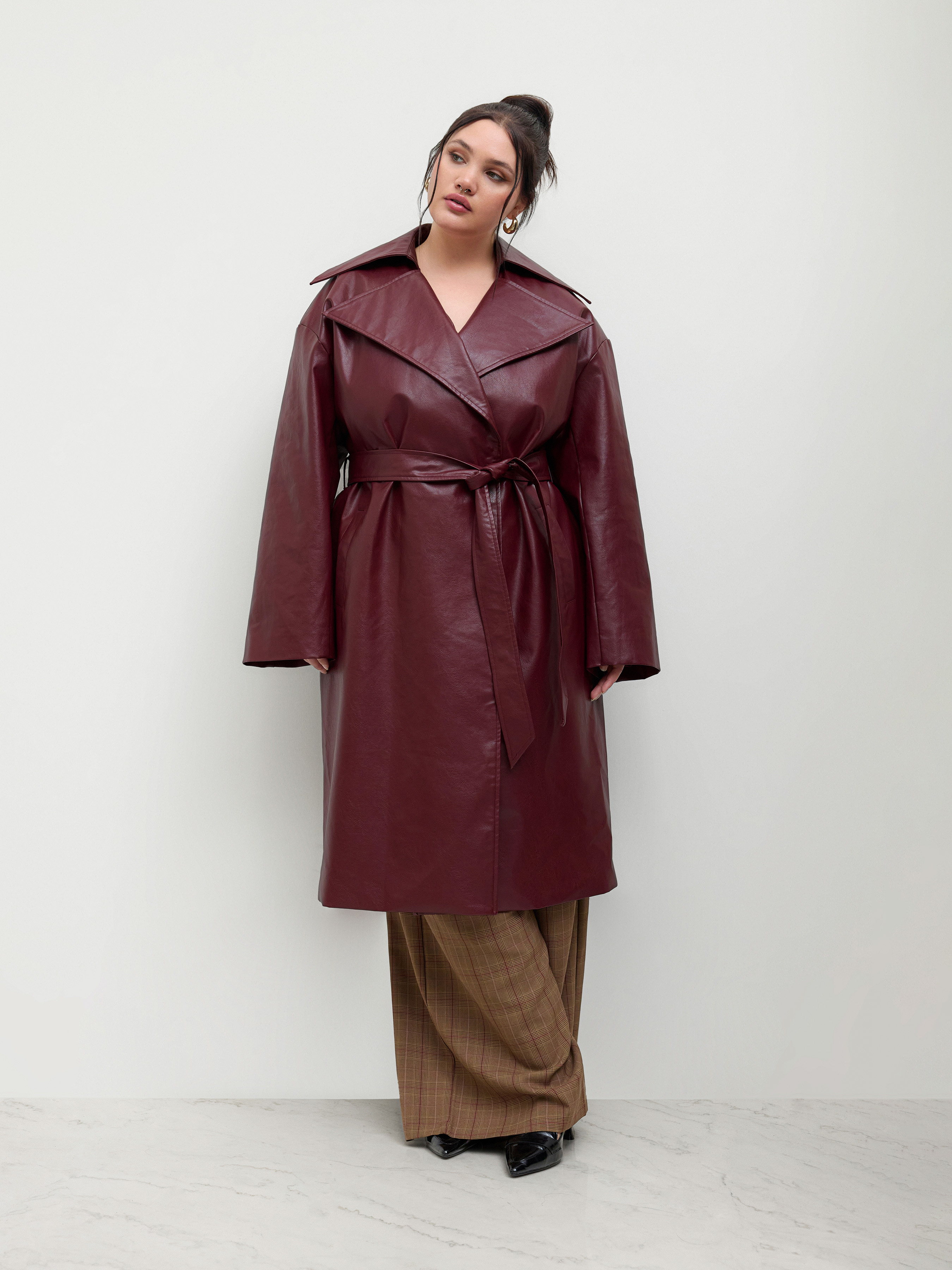 Faux Leather Faux Leather Trench Coat With Belt Curve & Plus