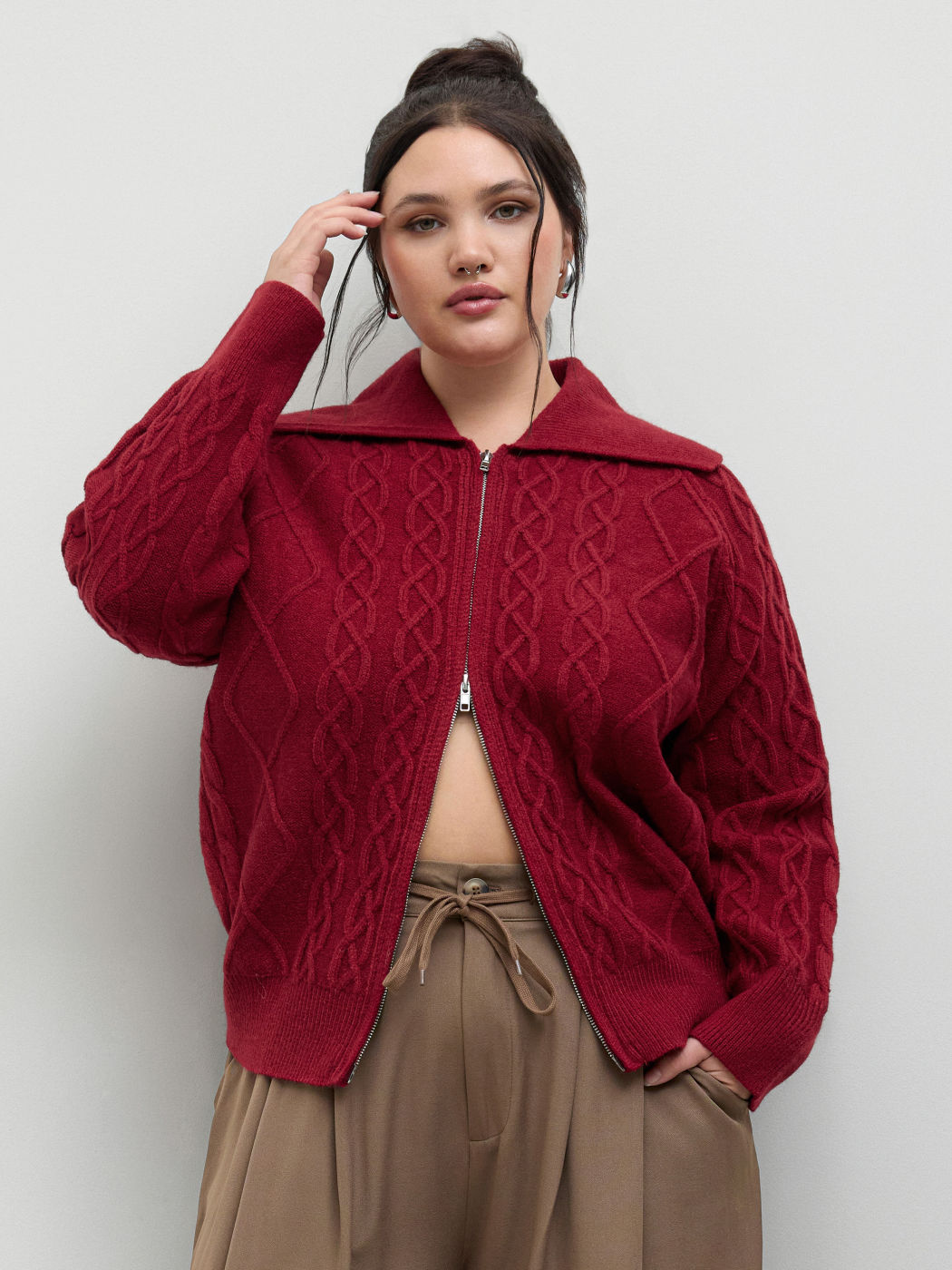 Knit Collar Geometric Zipper Cardigan Curve & Plus
