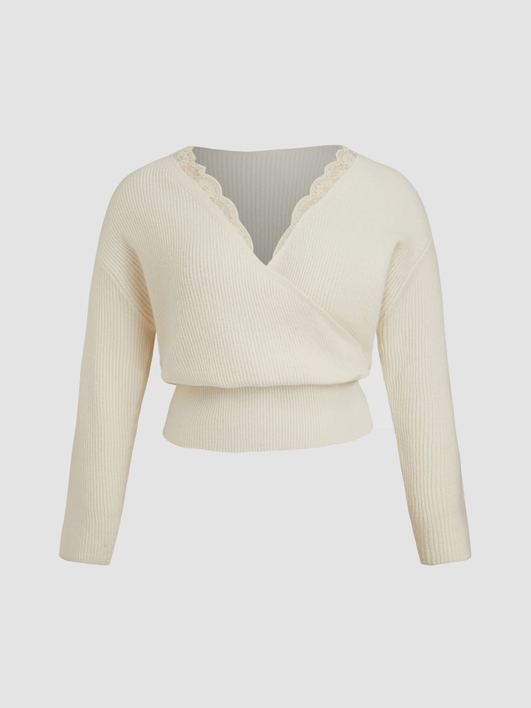 Knit V-neck Lace Trim Wrap Oversized Top Curve & Plus