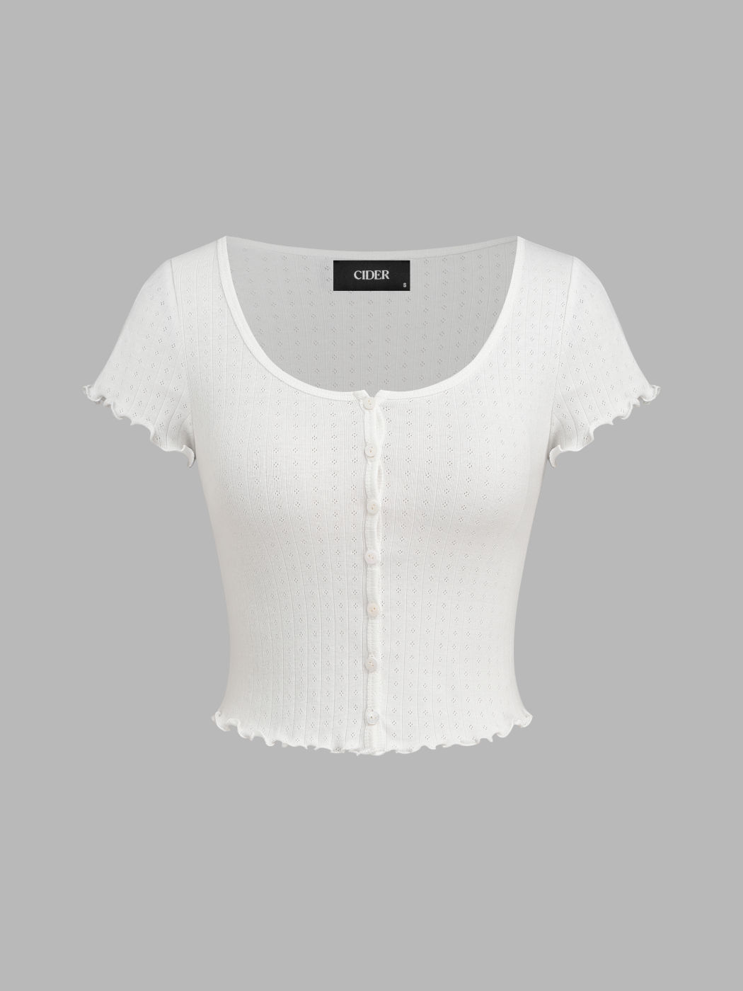 100% Cotton Pointelle U-neckline Floral Lettuce Trim Short Sleeve Top