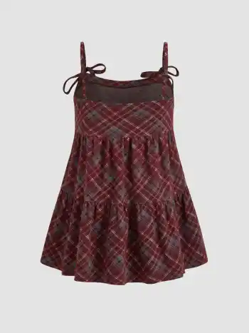 Woll-Look Karo Schleife Rüschen Minikleid Kurve & Plus