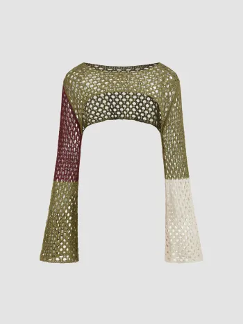 Knit Hollow Out Colorblock Crop Shrug