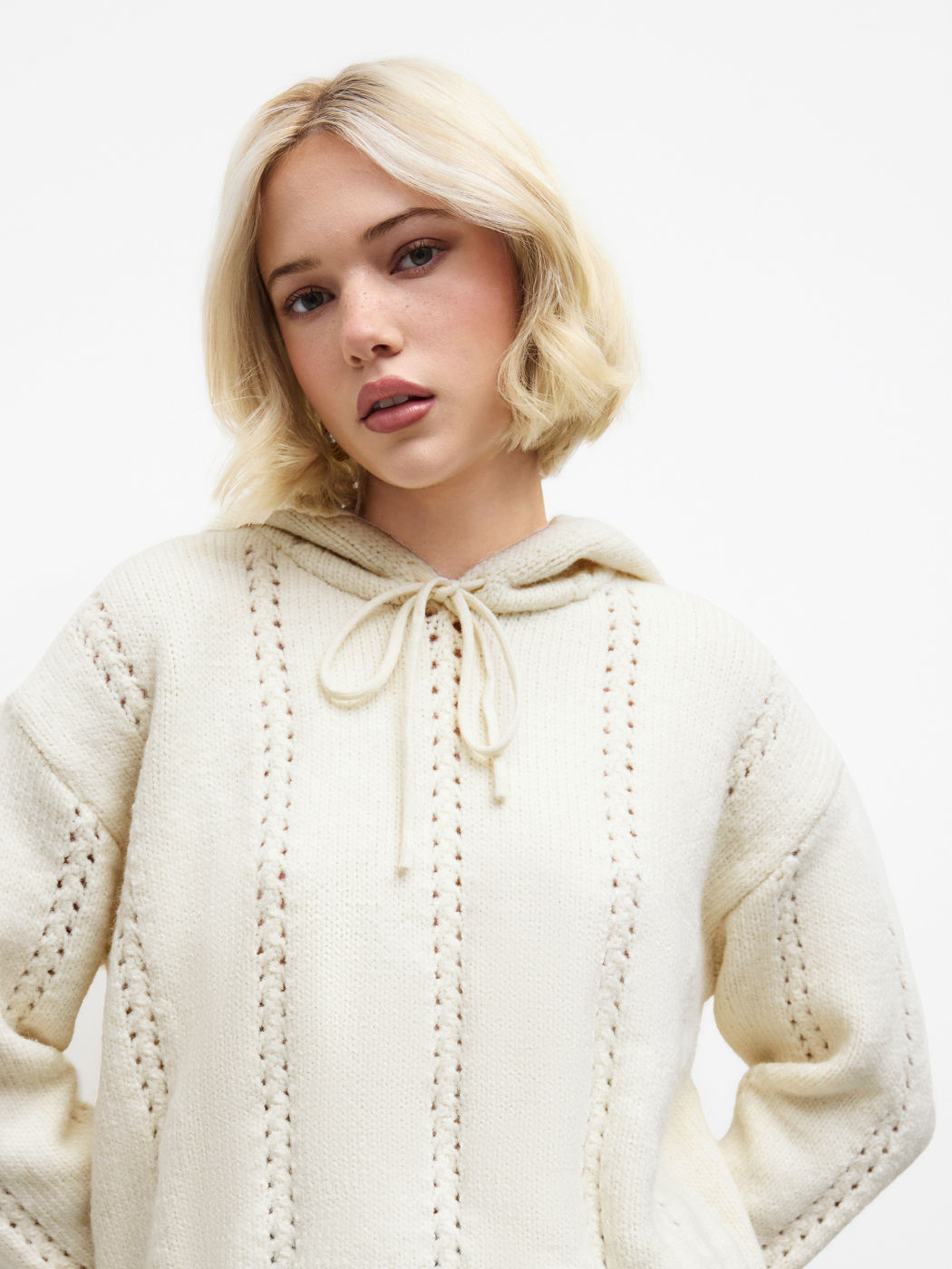 Wool-blend Hooded Knotted Hollow Out Long Sleeve Top
