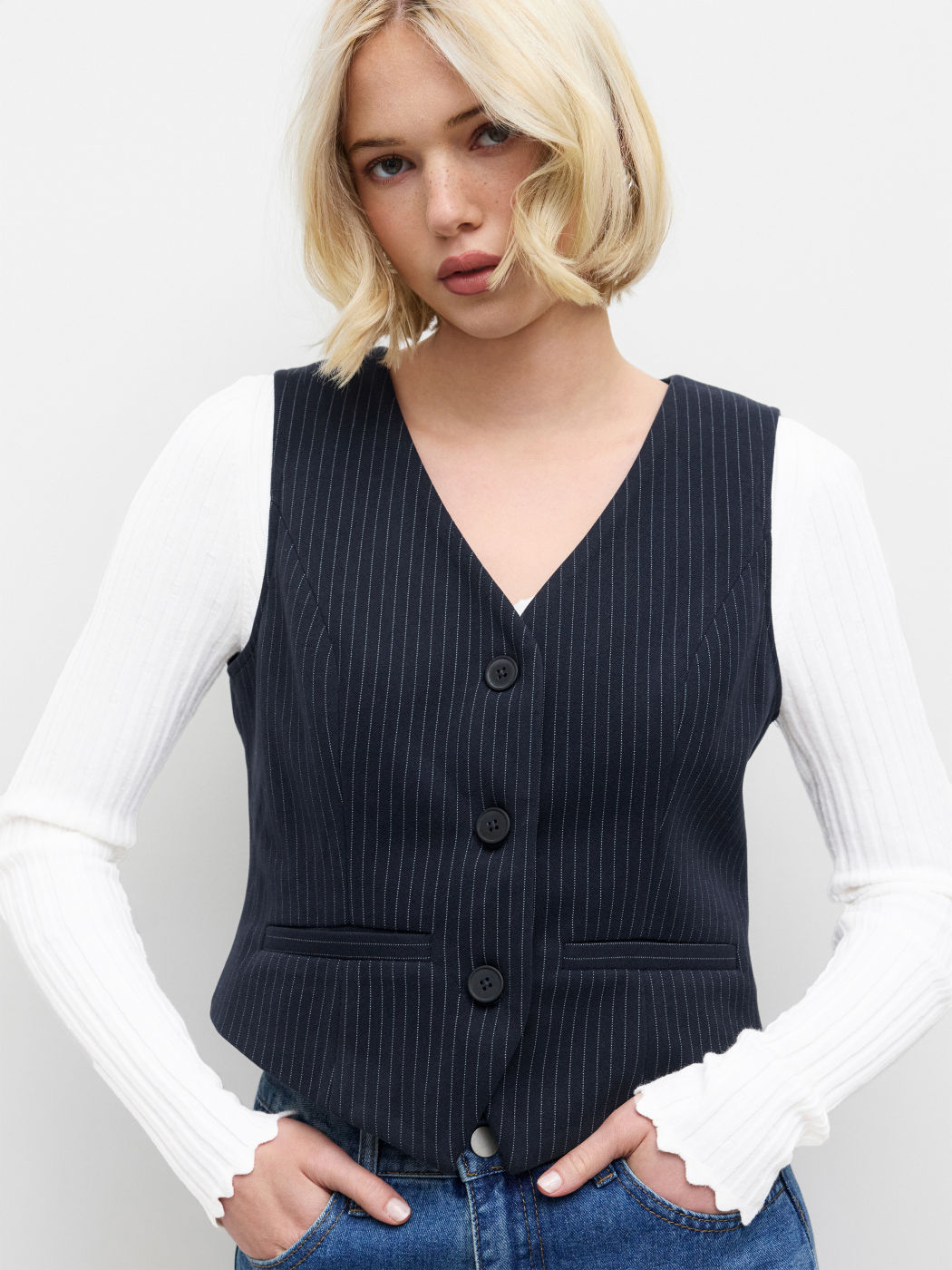 Wool-look V-neck Stripes Belted Blazer Vest