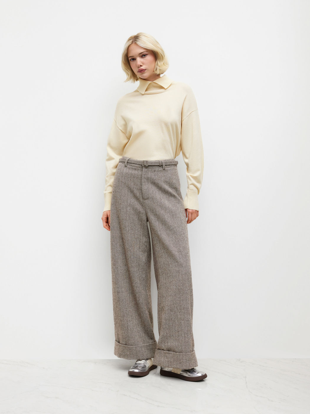 Wool-look Mid Rise Belted Wide Leg Trousers