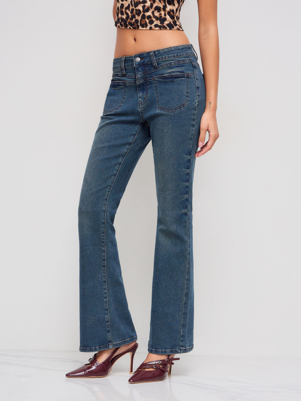 High Stretch Denim Low Rise Pocket Flared Jeans
