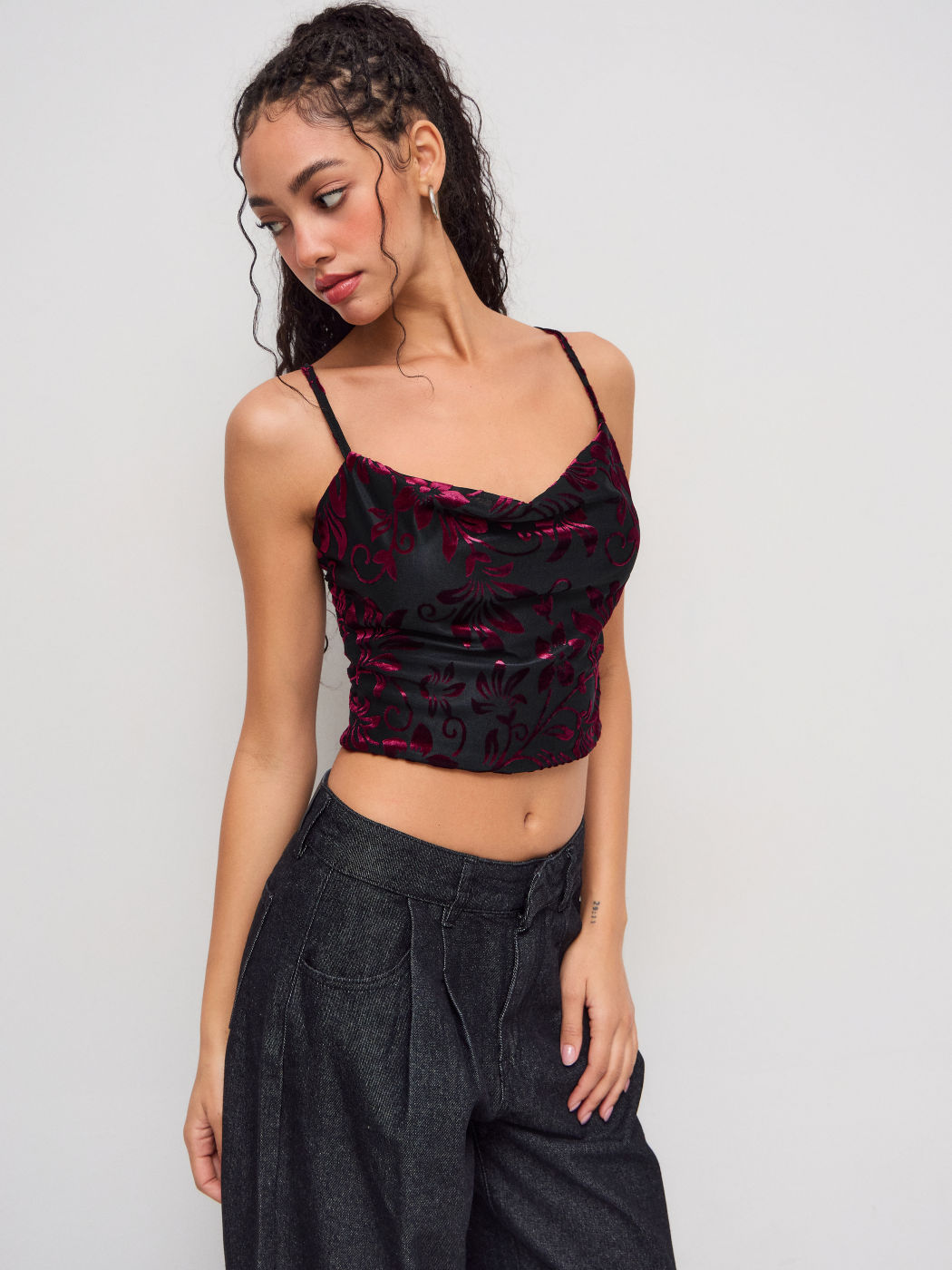 Velvet Cowl Neck Floral Cami Top