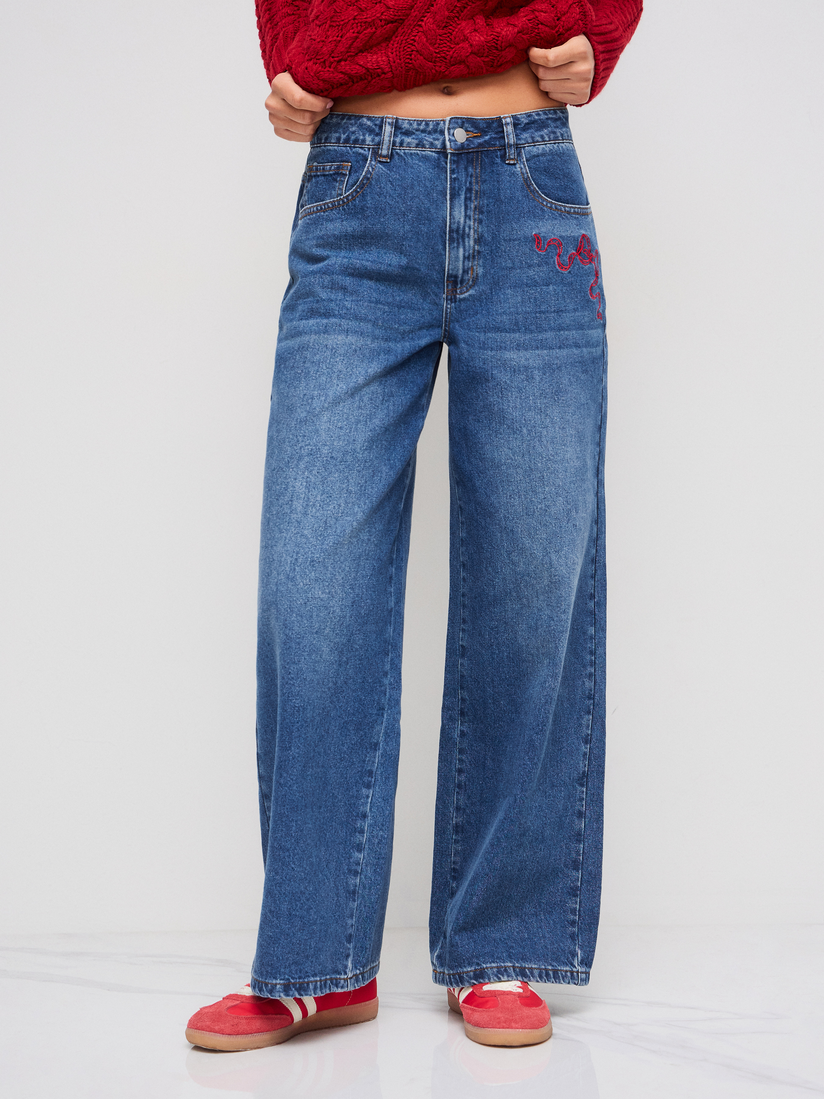 Denim Cider Denim Low Rise Bowknot Embroidery Wide Leg Jeans