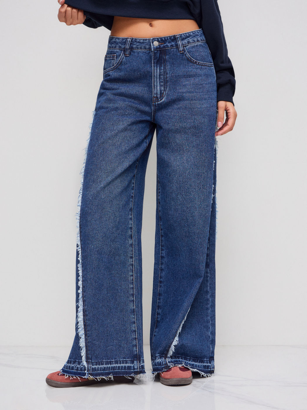 Cider Denim Low Rise Raw Hem Wide Leg Jeans