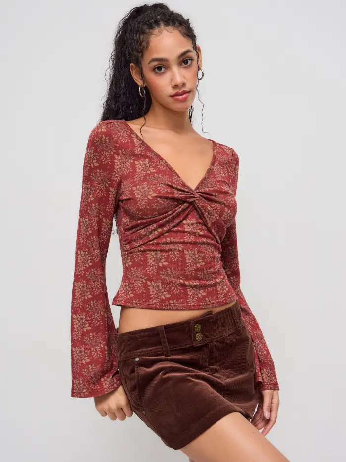 V-neck Floral Twist Long Sleeve Top