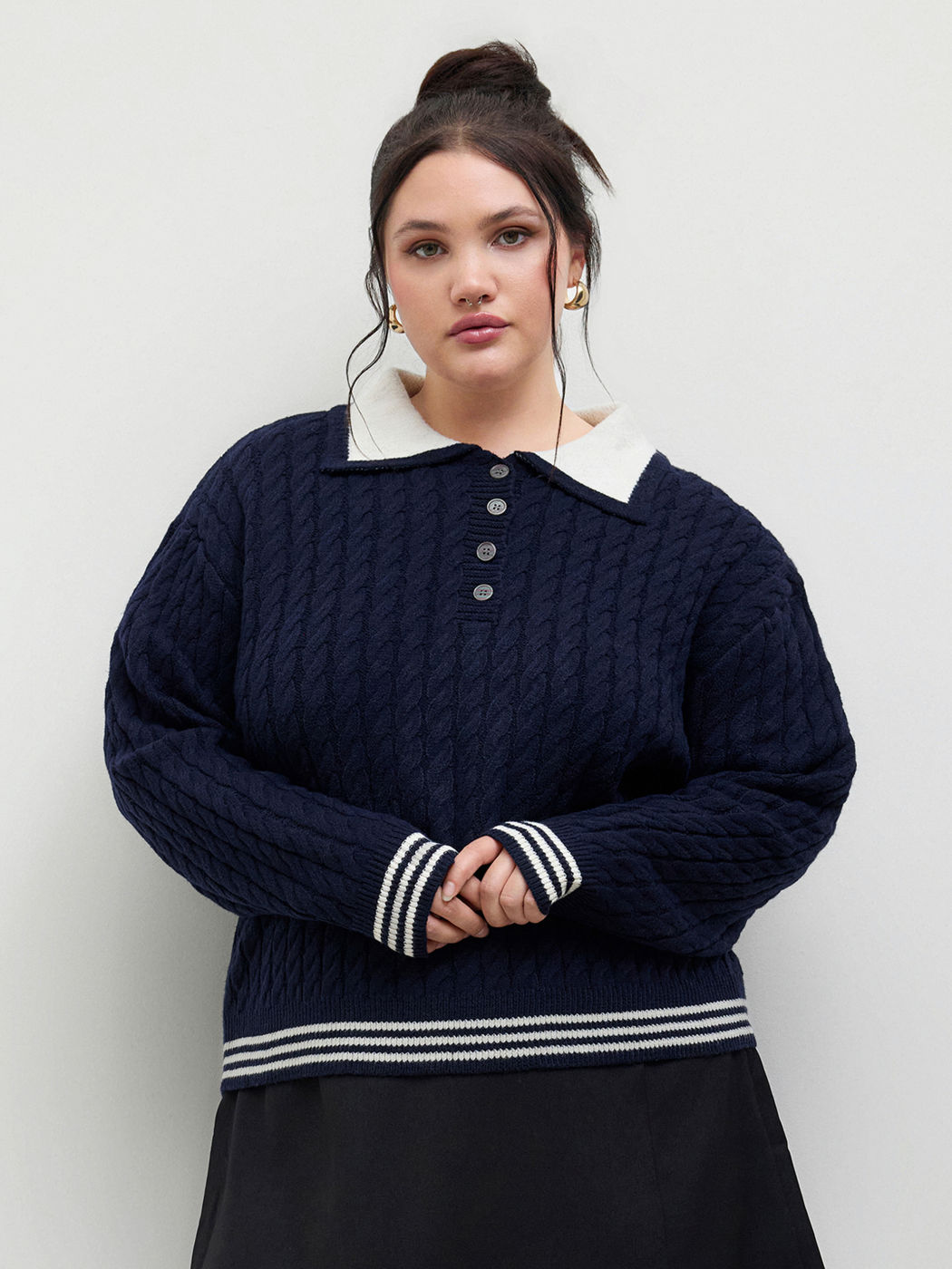 Cable Knit Collar Stripe Long Sleeve Sweater Curve & Plus