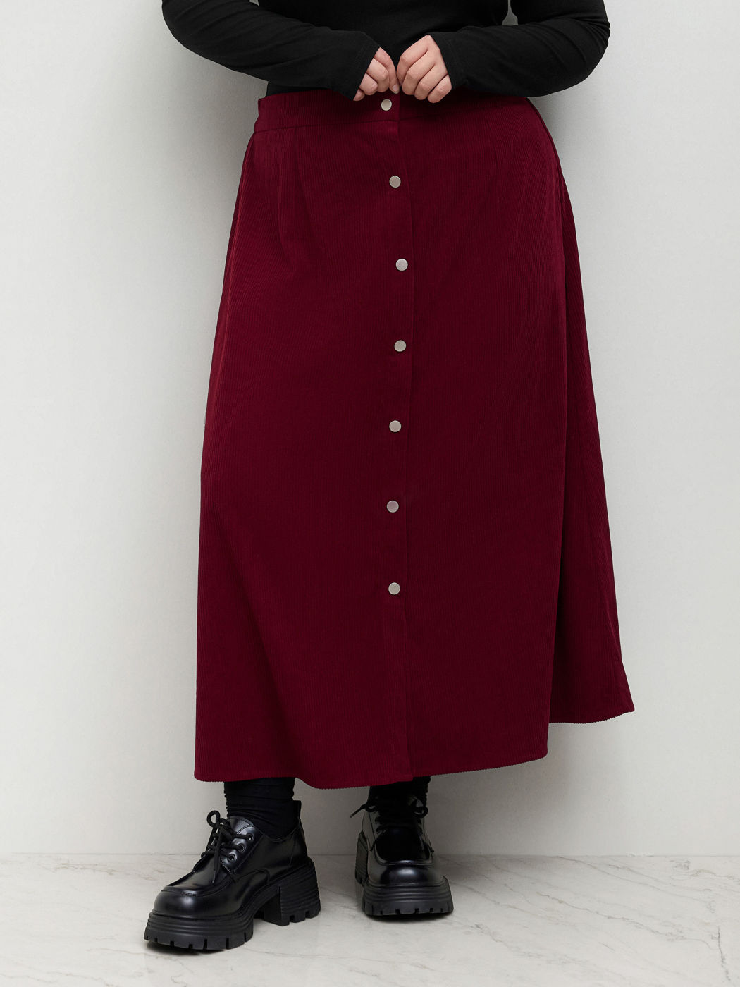 Corduroy Mid Rise Button Maxi Skirt Curve & Plus