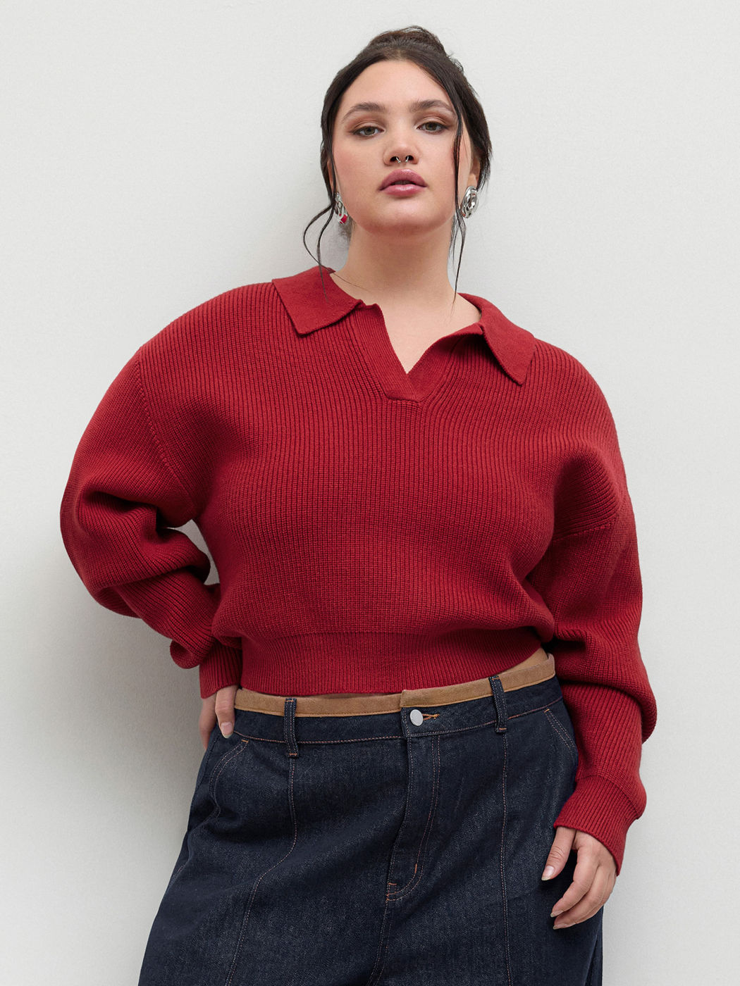 Knit Polo Collar Crop Sweater Curve & Plus