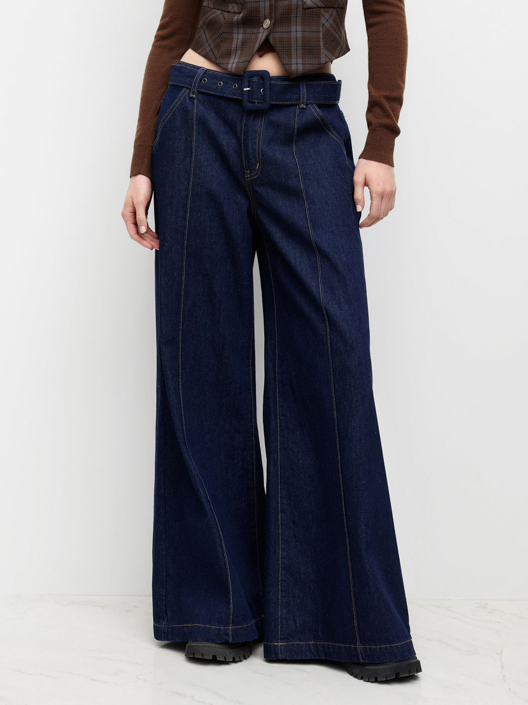 High Stretch Cider Denim Low Rise Baggy Jeans With Belt
