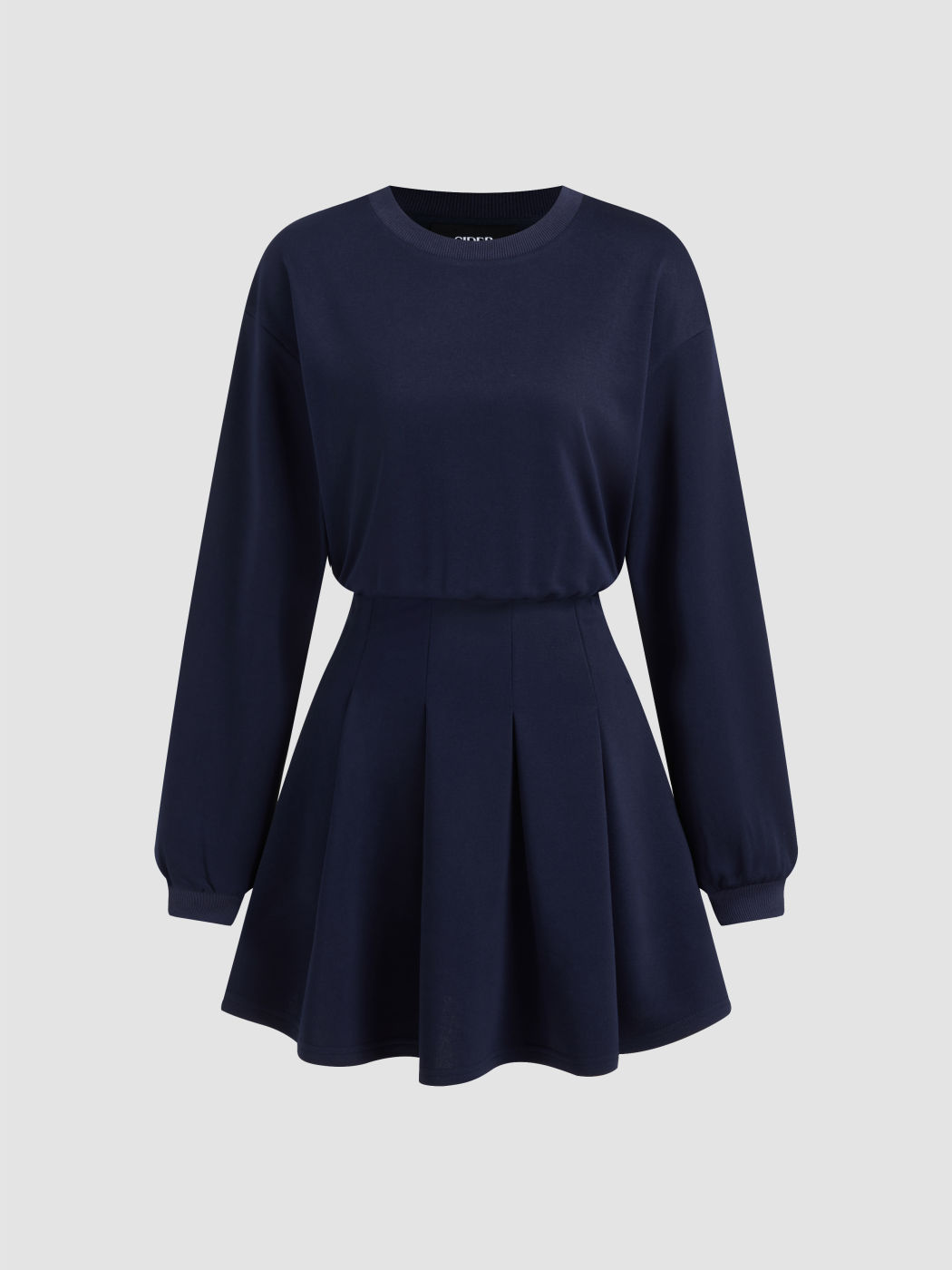 Round Neckline Pleated Long Sleeve Mini Dress