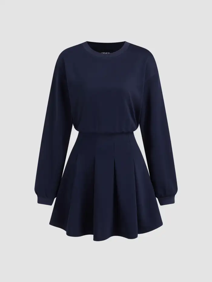Knit Fabric Round Neckline Pleated Long Sleeve Mini Dress For Work