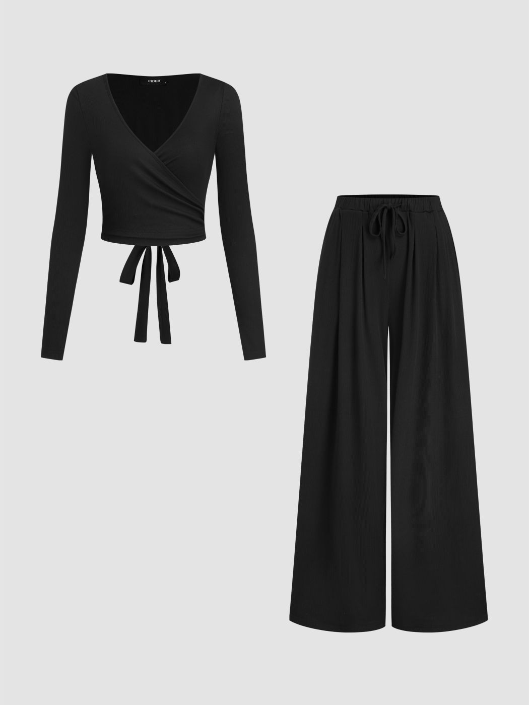 V-neck Wrap Knotted Long Sleeve Top & Mid Rise Straight Leg Trousers Set