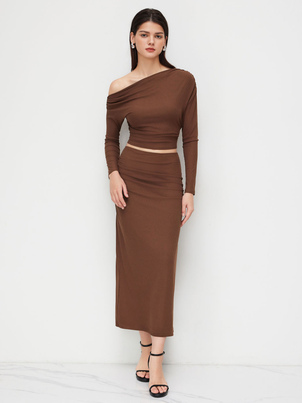 Asymmetrical Neck Ruched Cropped Top & Mid Rise Ruched Maxi Skirt Set