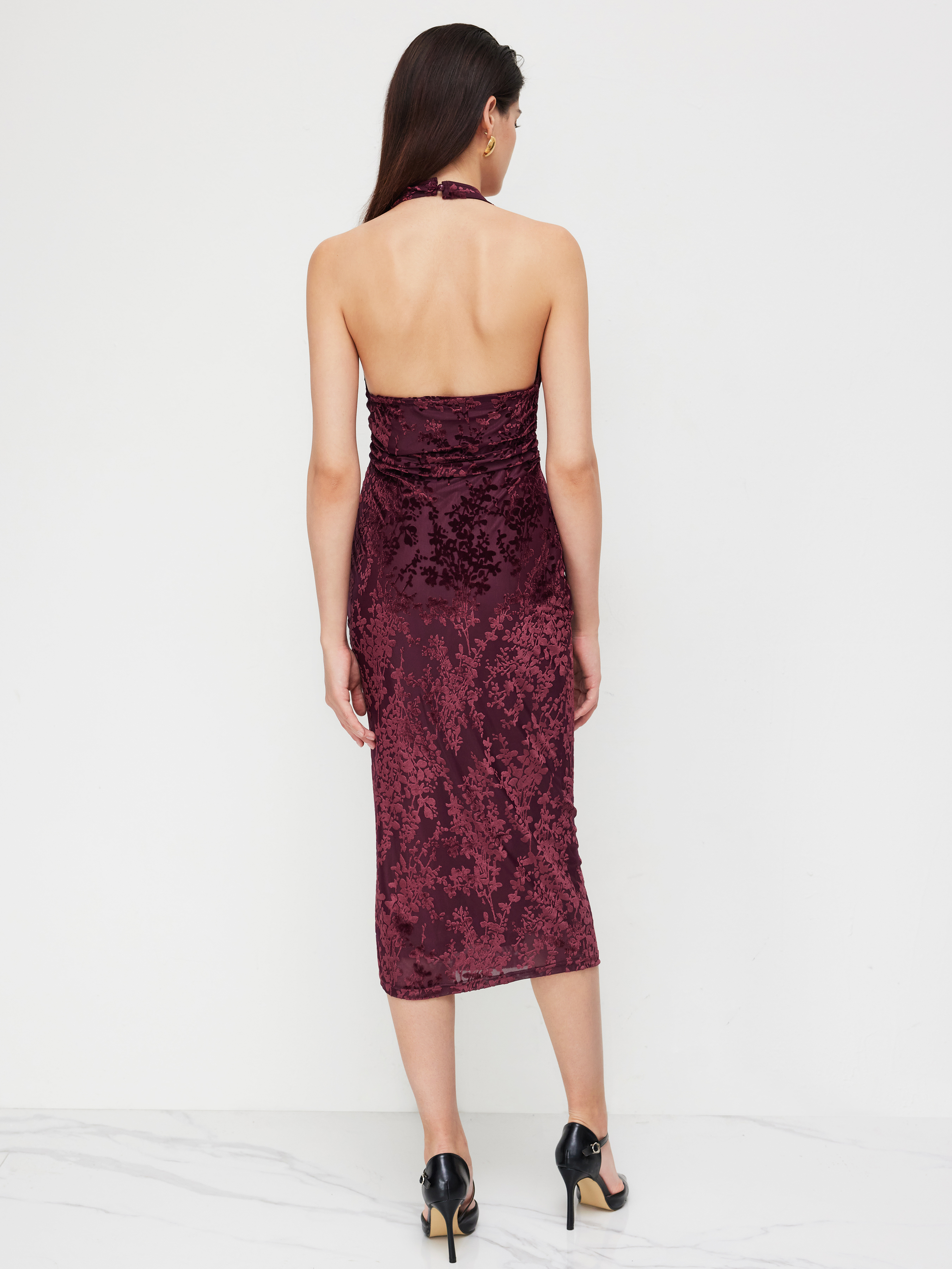 Mesh Mesh Halter V-neck Floral Ruched Backless Midi Dress