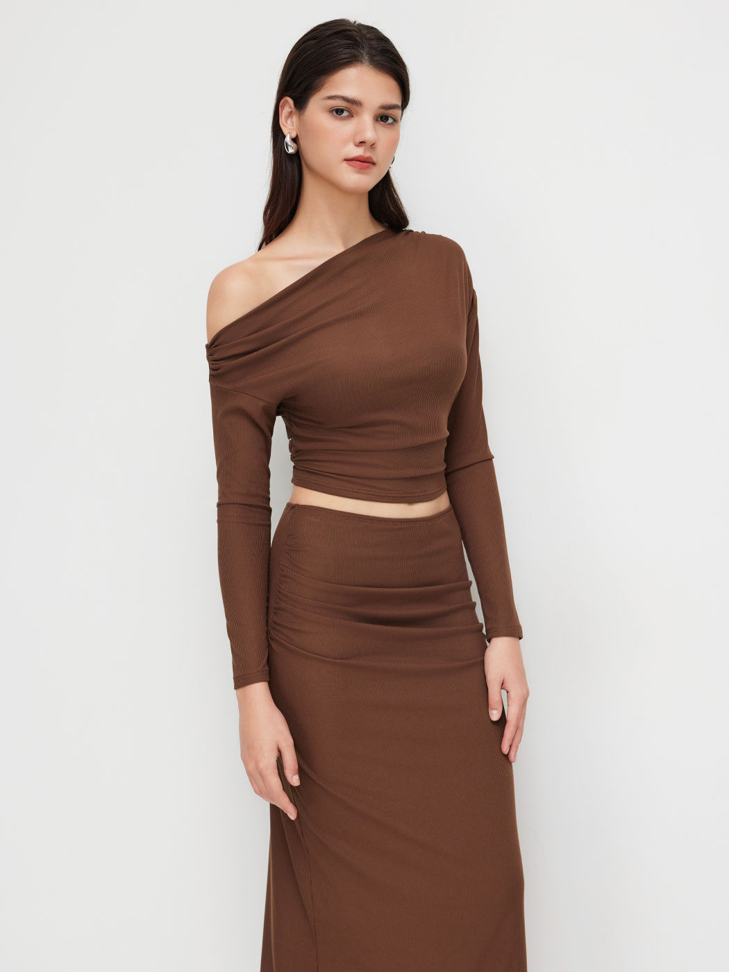 Asymmetrical Neck Ruched Cropped Top & Mid Rise Ruched Maxi Skirt Set