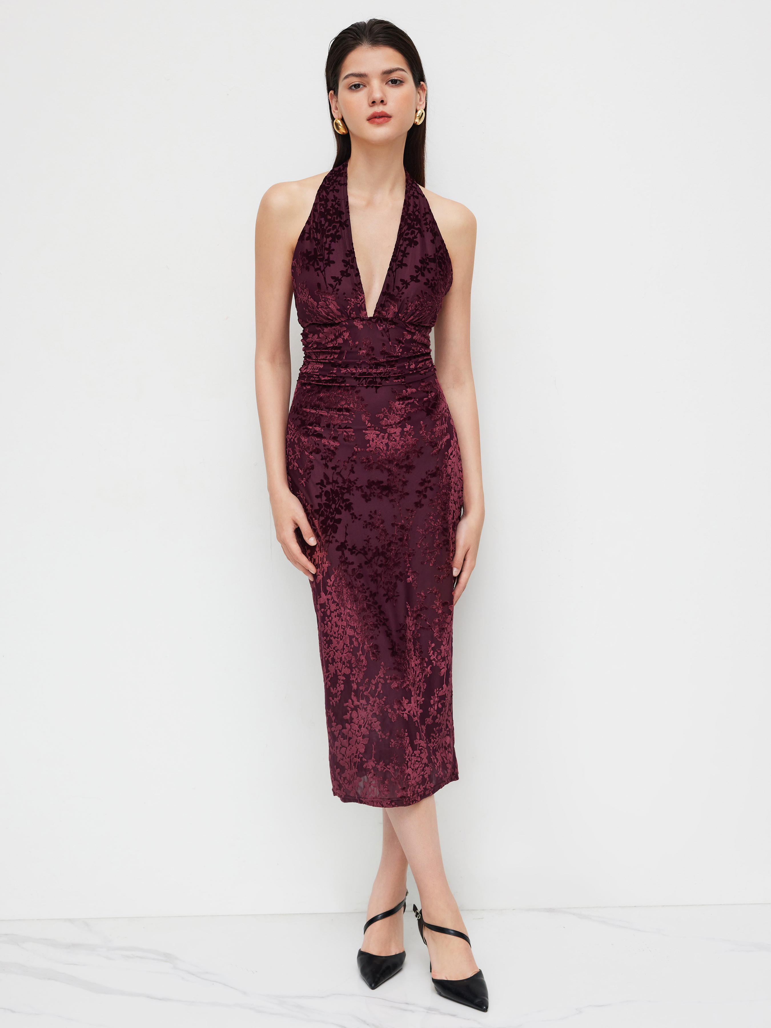 Mesh Mesh Halter V-neck Floral Ruched Backless Midi Dress