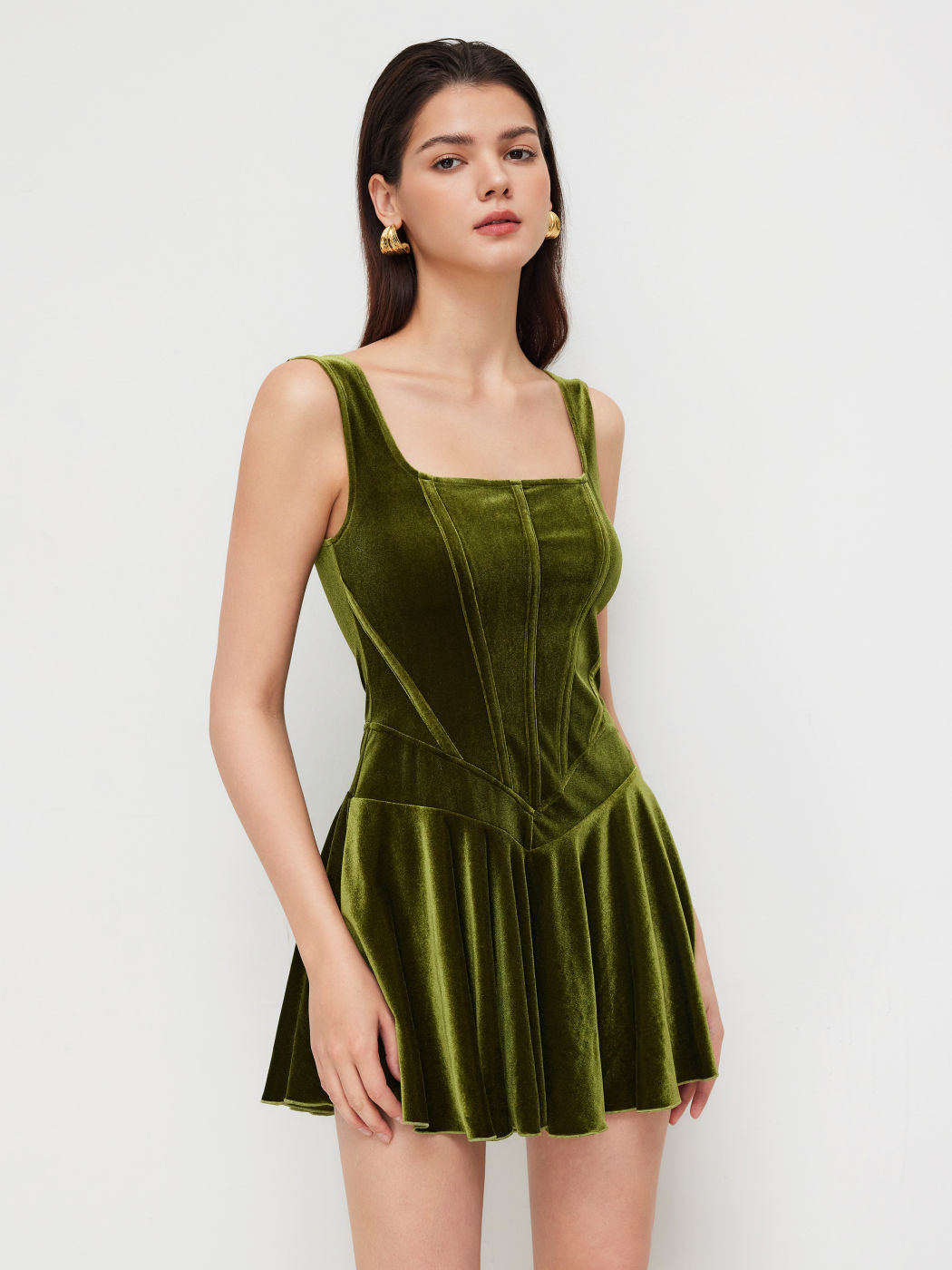 Velvet Square Neck Ruffle Mini Dress