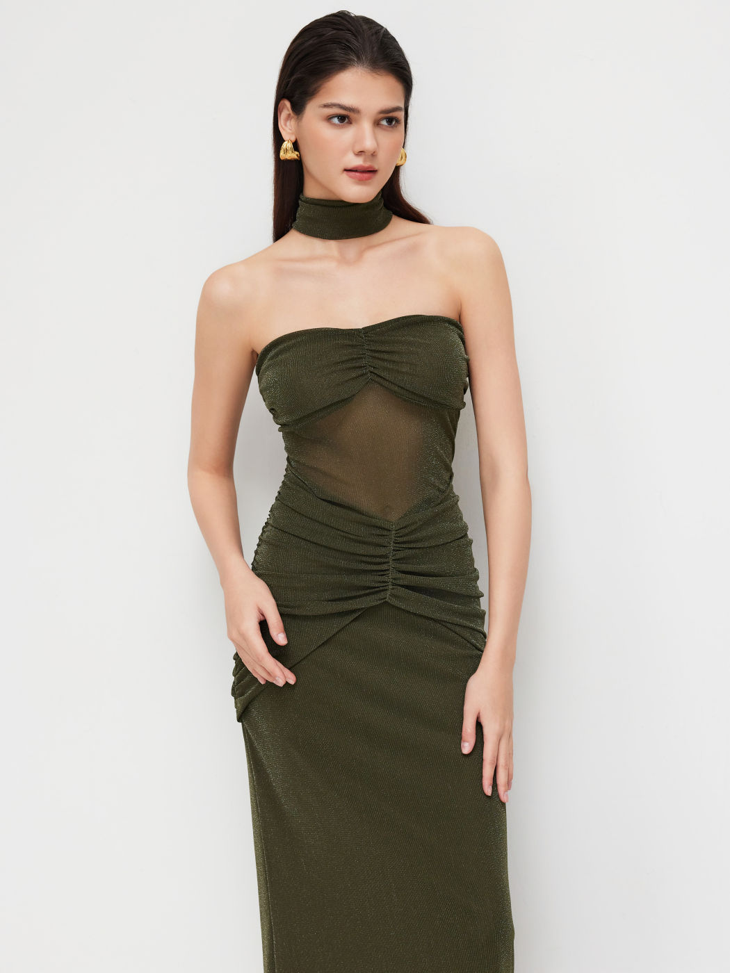 Mesh Strapless Glitter Ruched Maxi Dress