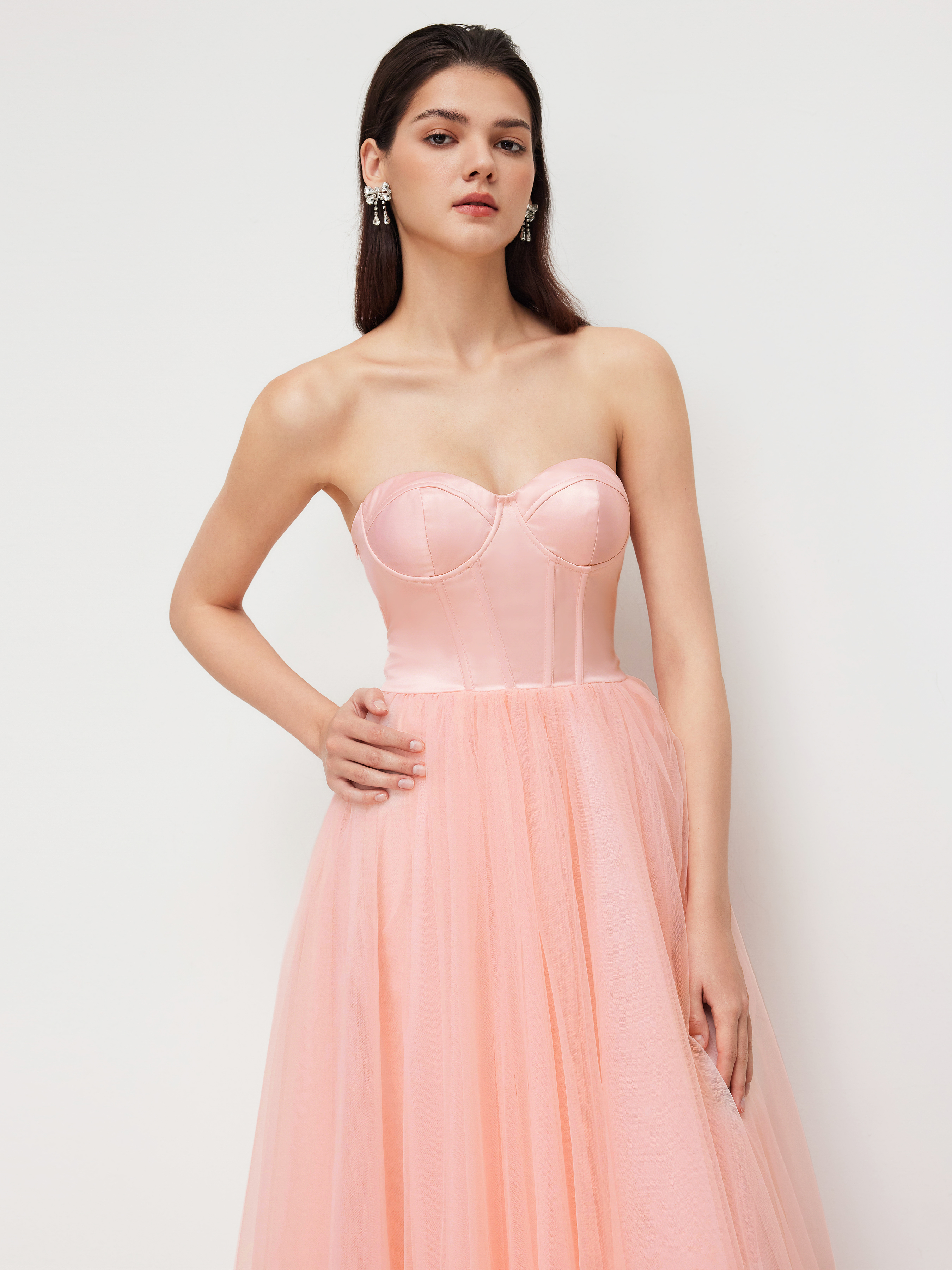 Woven Tube Lace Up Corset Tulle Maxi Dress For Party/Clubbing