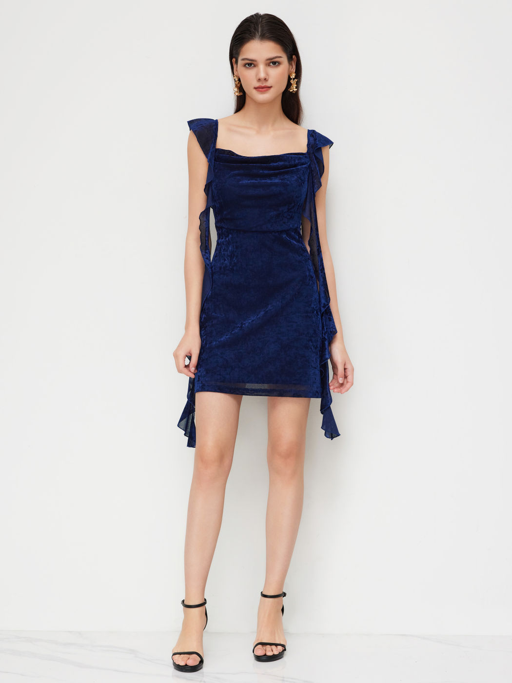 Velvet Cowl Neckline Ruffle Hem Mini Dress