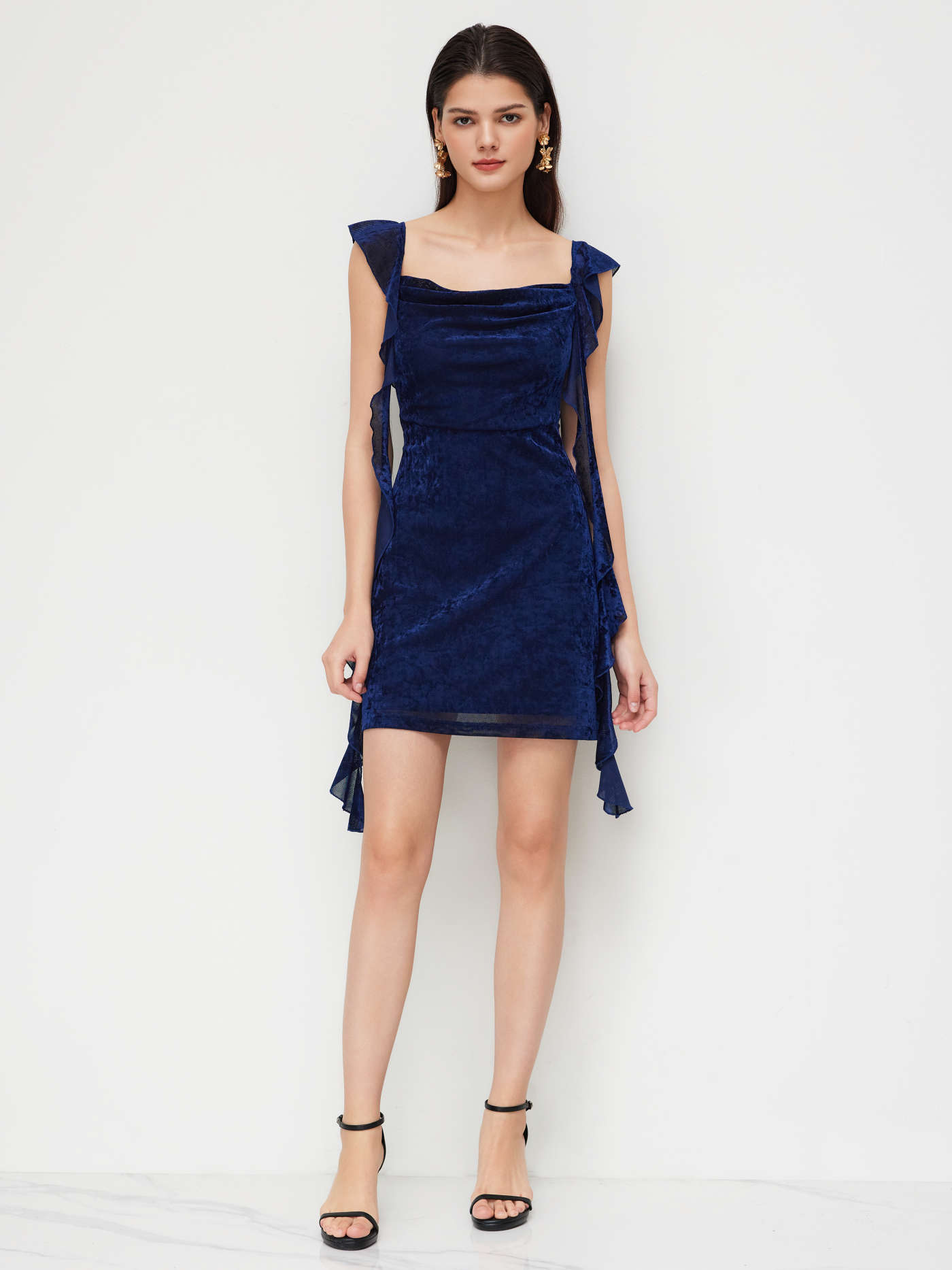 Velvet Cowl Neckline Ruffle Hem Mini Dress