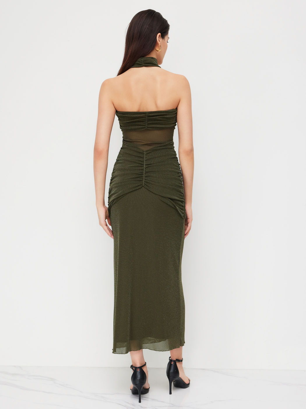 Mesh Strapless Glitter Ruched Maxi Dress