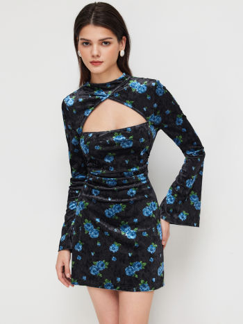 Velours Velvet Stand Collar Floral Cut Out Mini Dress For Congés
