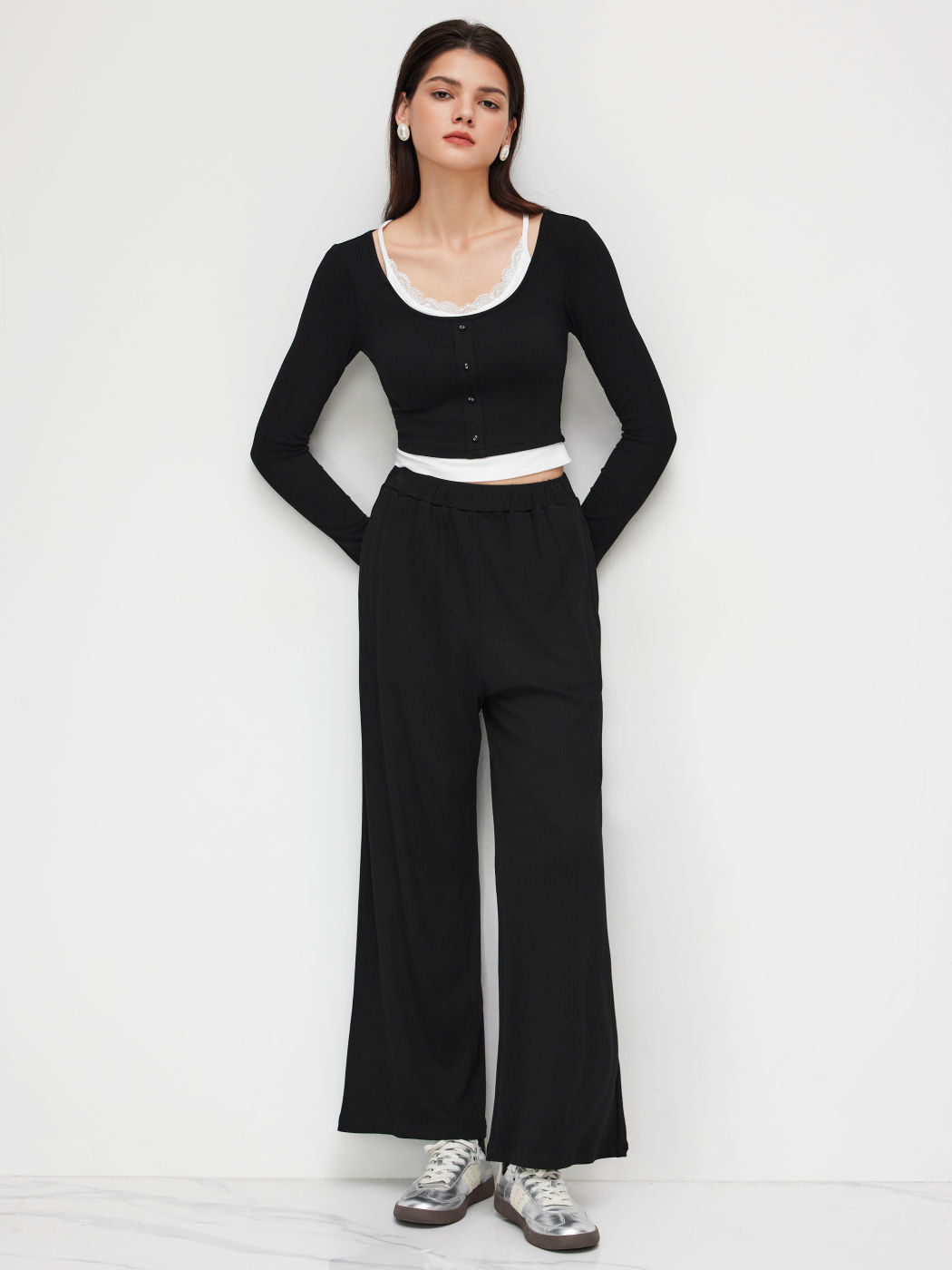 Two Tone Lace Trim Top & Mid Rise Elastic Waist Wide Leg Trousers Set