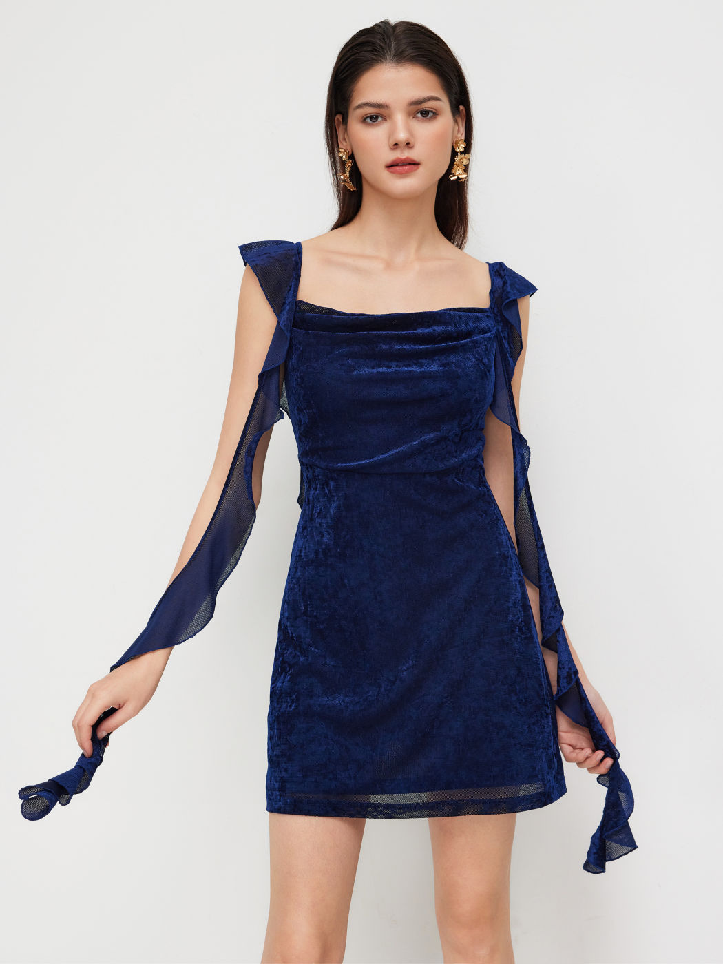 Velvet Cowl Neckline Ruffle Hem Mini Dress