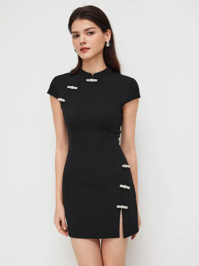 knee length dresses for ladies Blue Mandarin Collar Slit Mini Dress & Reviews - Blue - Dresses