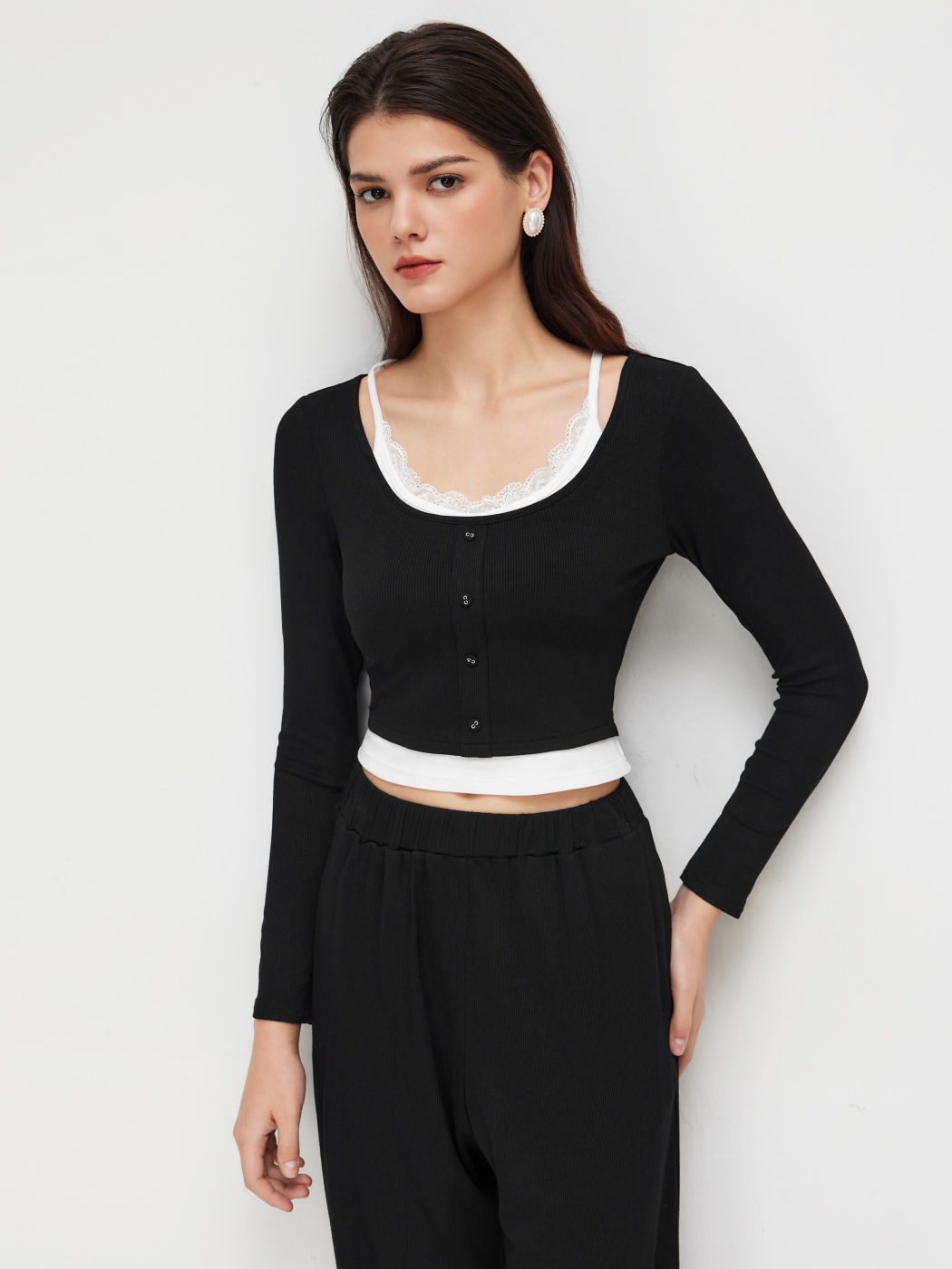 Two Tone Lace Trim Top & Mid Rise Elastic Waist Wide Leg Trousers Set